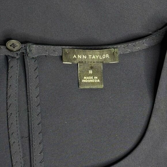 Ann Taylor navy blue shift dress with chiffon polka dot long sleeves size 10 - Picture 5 of 11